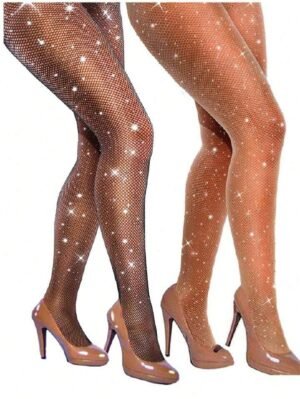 2 PCS Women's Sexy Sparkling Fishnet Stockings And High Waist