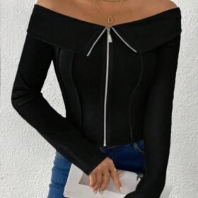 Chiquease New Waist-Cinched Short Off Shoulder Metal Zipper Women Top