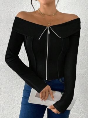 Chiquease New Waist-Cinched Short Off Shoulder Metal Zipper Women Top