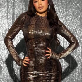 SHEIN SXY Prom Dress;Women's Crocodile Textured Bodycon Dress With Stand Collar