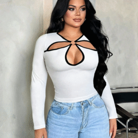 SHEIN SXY Women's Casual Black & White Contrast Floral Hollow Out T-Shirt Hollow Out Top Curve White Top Long Sleeve Top