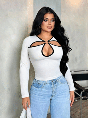 SHEIN SXY Women's Casual Black & White Contrast Floral Hollow Out T-Shirt Hollow Out Top Curve White Top Long Sleeve Top