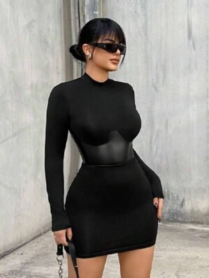 SHEIN SXY Women's Stand Collar Long Sleeve Slim Fit Casual Short Dress,Sexy Black Dress