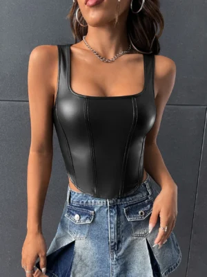 SHEIN X Antonella SHEIN BAE Square Neck Asymmetrical Hem PU Tank Top