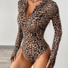 Flirla Sexy Y2K Leopard Print Cutout Neck Long Sleeve Bodysuit Fall Cloth For Women