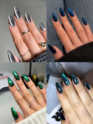 98pcs (4 Mixed Styles) Y2K Long Almond-Shaped Glossy Crystal Nail Stickers, Green, Black, Blue