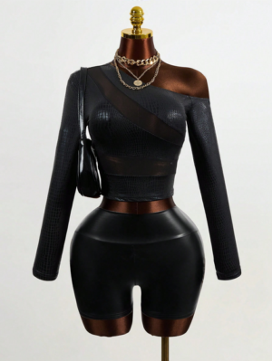 Mistrie Women's Sheer Patchwork Snake Print Coated Long Sleeve T-Shirt