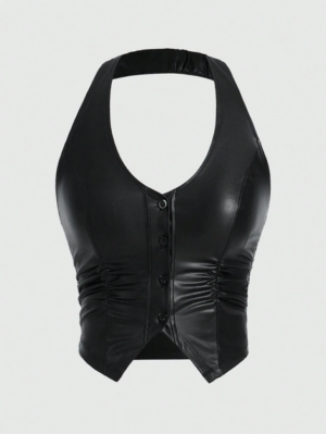 ROMWE Hippie Solid Color Women's Kpop Pu Leather Halter Neck Tank Top