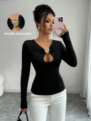 Rafferiza Ladies' Spring And Autumn Black Knitted Fabric With Metal Buckle Decoration Openwork