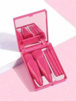 5pcs Portable Makeup Brush Set With Mirror, Boxed Makeup Brush Set, Multifunctional Powder Brush