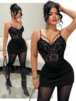 SHEIN SXY Women's Black Sexy Cami Bodysuit With Sheer Lace And Spaghetti Straps Raglan Sleeves,