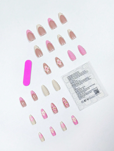 24Pcs Minimalism Style Yellow & Pink Flower Decor French Manicure Medium Almond - Image 2