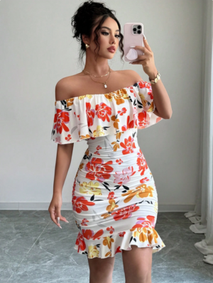 Selianne Tropical Print Off Shoulder Ruffle Trim Ruched Bodycon Dress