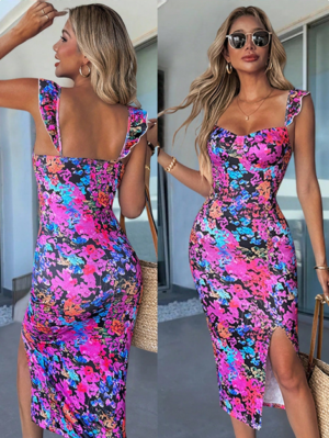 Selianne Women's Colorful Print Split Cap Sleeve Midi Dress