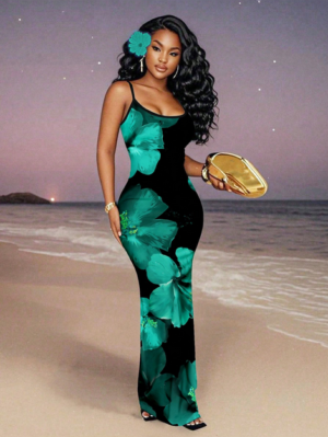 Slaydiva 2026 Plus Size Women Floral Print Fitted Vacation Dress Women's Spaghetti Strap Dress Beach