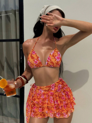 2pcs Tropical Floral Print Women Bikini Set, Including Triangle Top, Tie-Up Bottom