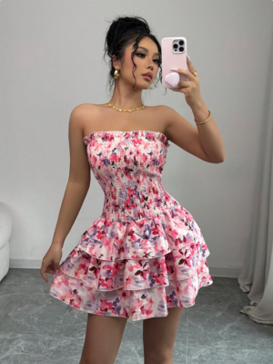 Elenzga Pink Sexy Cake Small Ruffle Design Ladies Dress