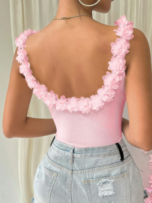 Rafferiza Flower Applique Backless Slim Fit Ribbed Tank Top For Summer