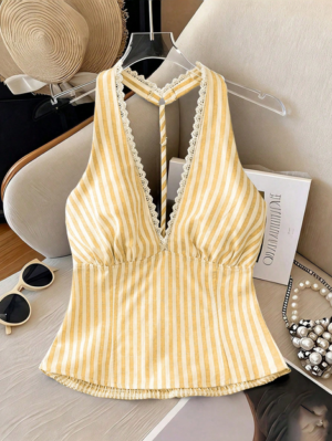 Resyla Stylish Yellow Striped Halter Neck Tank Top For Women Casual Woven Fabric
