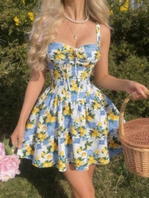 SHEIN MOD Yellow And Blue Floral Print Dress, Sleeveless Design, Square Neckline With Tie Detail