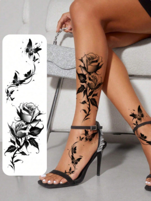 2pcs Black Flower & Butterfly Temporary Tattoo Stickers