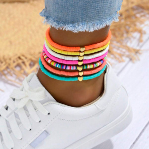 7pcs Set Bohemian Style Random Color Polymer Clay Heart Beaded Anklet For Women Valentines