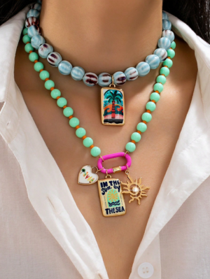 Blue Color Murano Beaded Necklace With Palm Tree Pendant Summer Beach