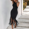 SHEIN Essnce Women Elegant Solid Color Fringe Hem Sleeveless Bodycon Dress Summer