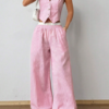SHEIN  V-Neck Front Button Top And Patch Pocket Pants Two-Piece Set