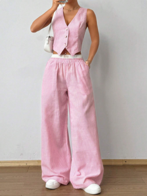 SHEIN  V-Neck Front Button Top And Patch Pocket Pants Two-Piece Set